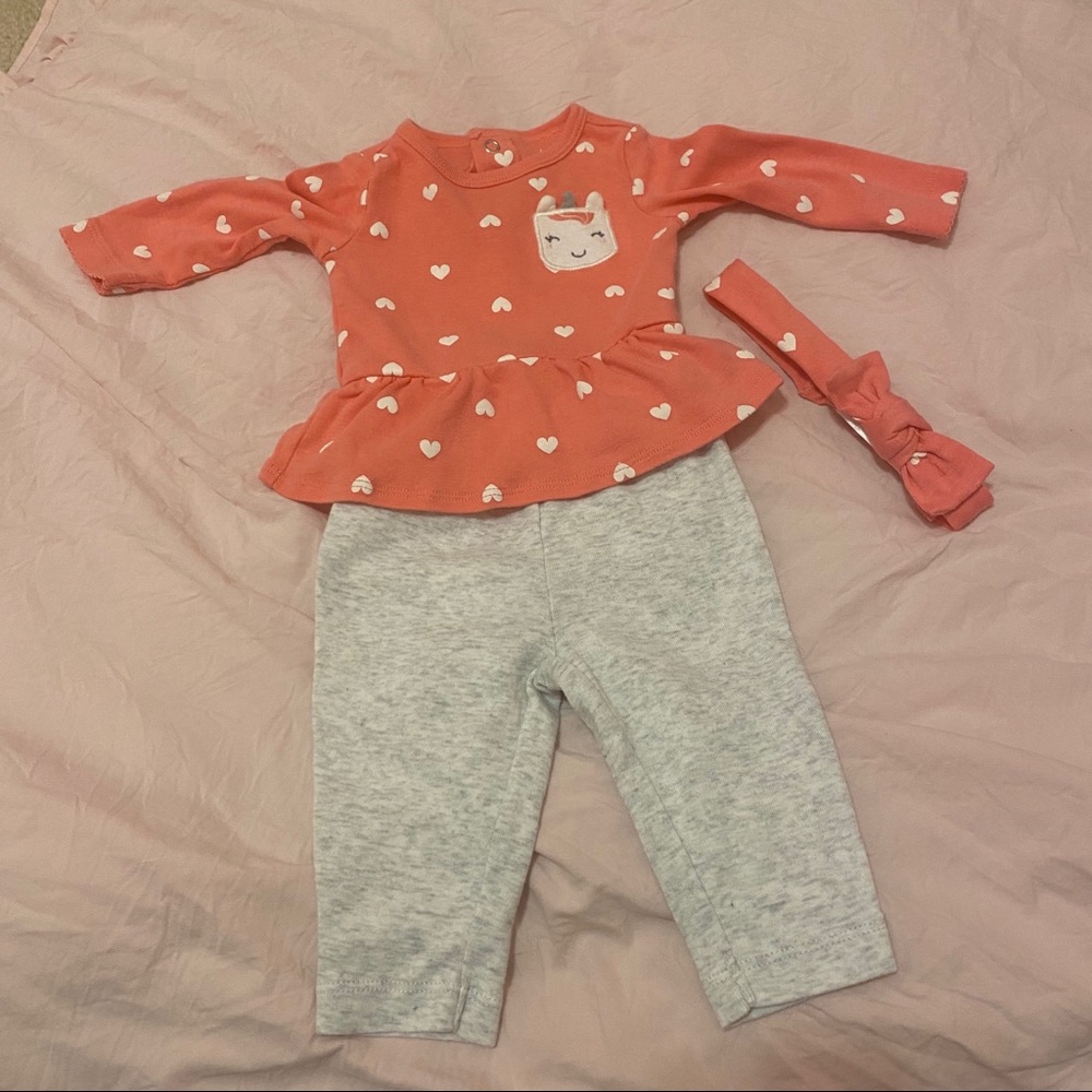 Carter’s Just One You Peach Heart Unicorn Peplum Baby Girl’s 3 Piece Outfit 3M